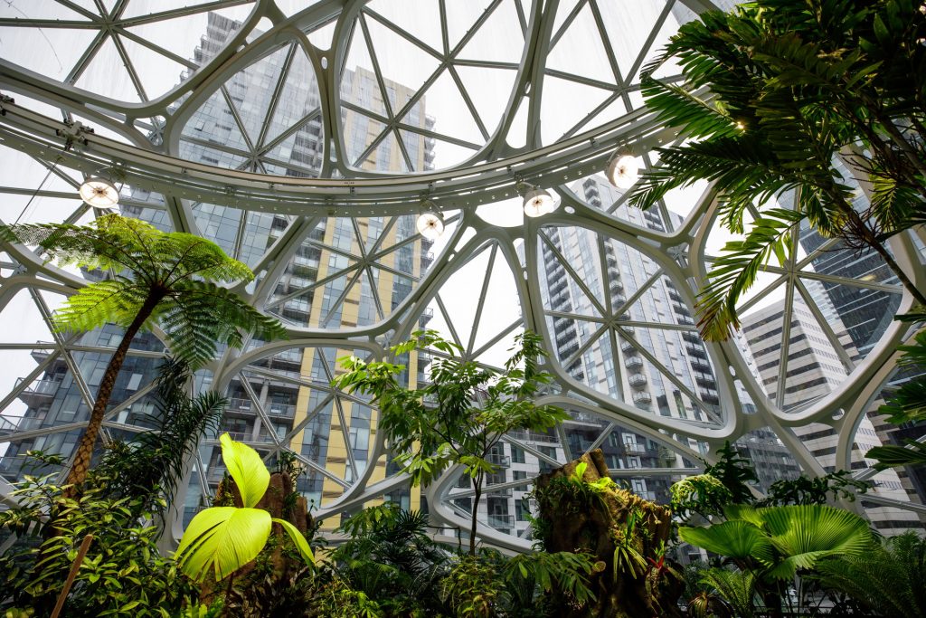 Pohľad zvnútra na The Spheres, Amazon, Seattle, USA